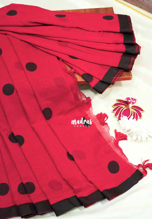 Reddish pink - Polka dots soft Khadi saree