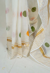 Ivory White - Soft Mul Cotton Saree Polka Dots with Madras Checks Blouse - Best for Summer | Casual Wear