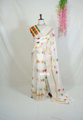 Ivory White - Soft Mul Cotton Saree Polka Dots with Madras Checks Blouse - Best for Summer | Casual Wear