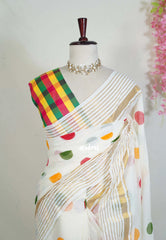 Ivory White - Soft Mul Cotton Saree Polka Dots with Madras Checks Blouse - Best for Summer | Casual Wear