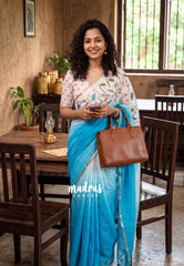 Sky Blue Ombre with White Base  - Pragathi Linen Cotton Saree with Gradient Ombre tone and Floral Digital Prints - Perfect for Office Wear | Summer wear | Casual Wear