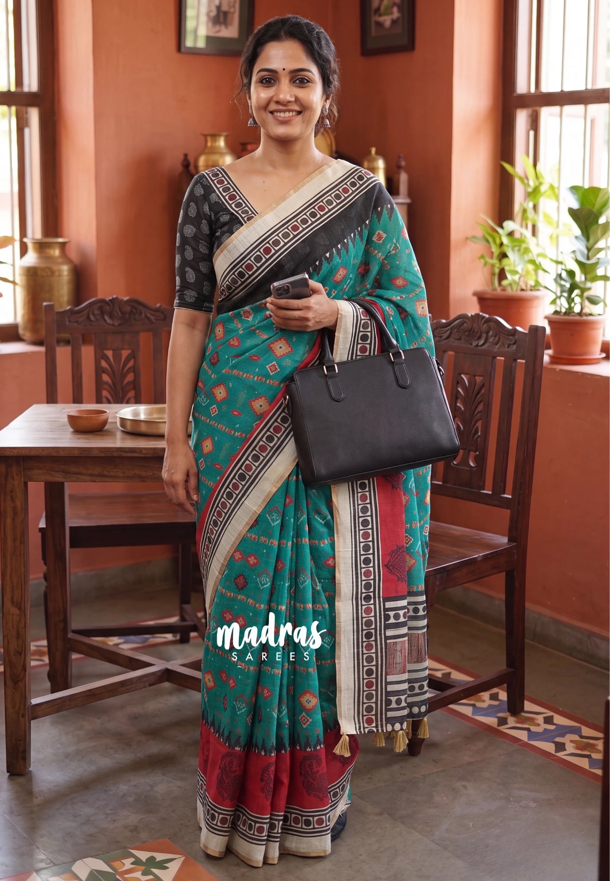 Peacock Green with Black - Pragathi - Linen Cotton Saree Ganga Jamuna Border with Contrast Blouse - Best for Office Wear | Casual Wear