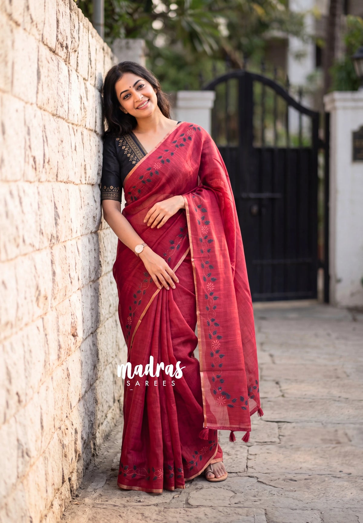 Muted Red - Pragathi - Linen Cotton Saree with Floral Print Border - Perfect for Office Wear | Summer wear | Casual Wear