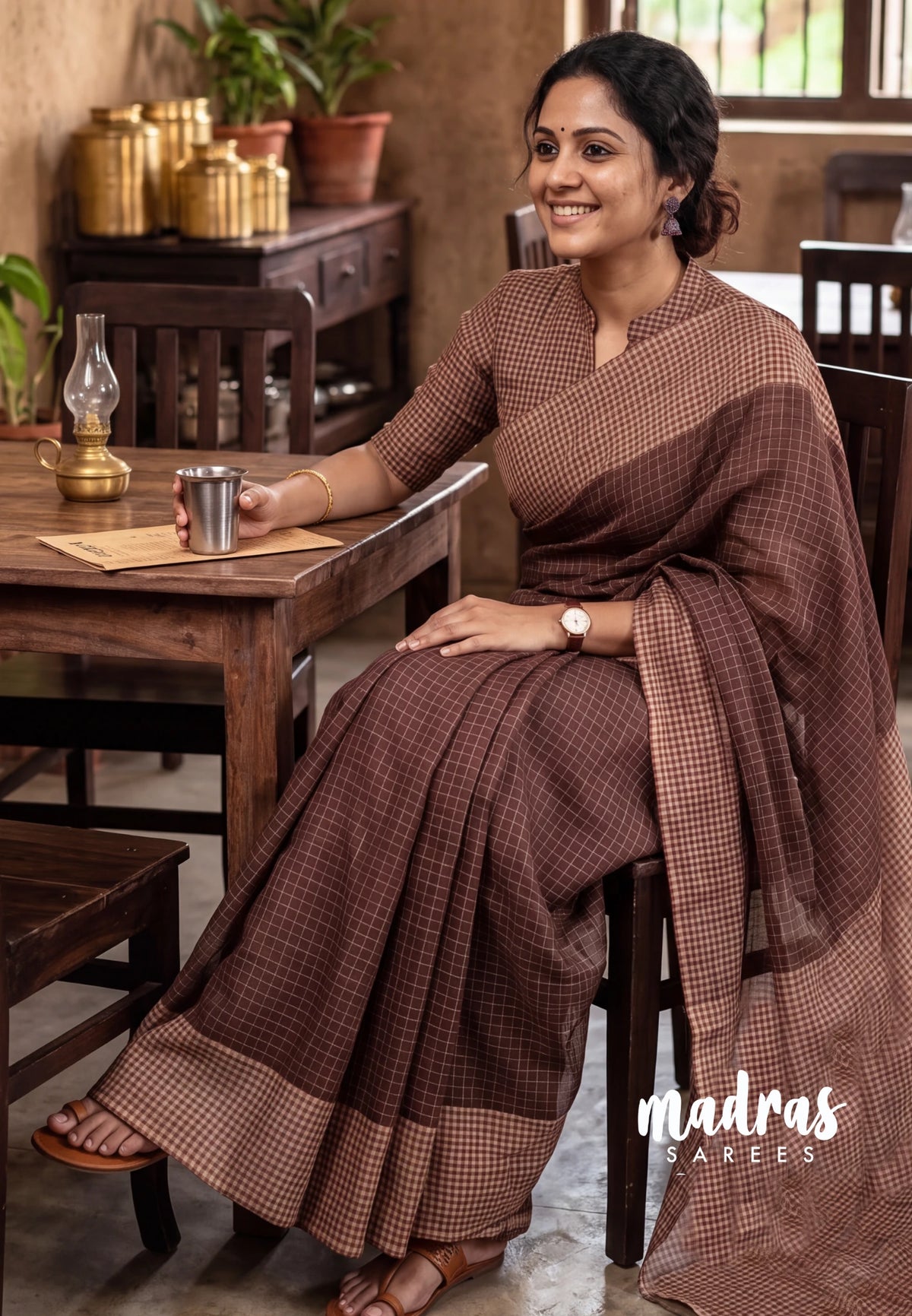 Biscut Brown - Pragathi - Linen Cotton Saree Checks with Contrast Pallu and Blouse - Perfect for Office Wear | Summer wear | Casual Wear