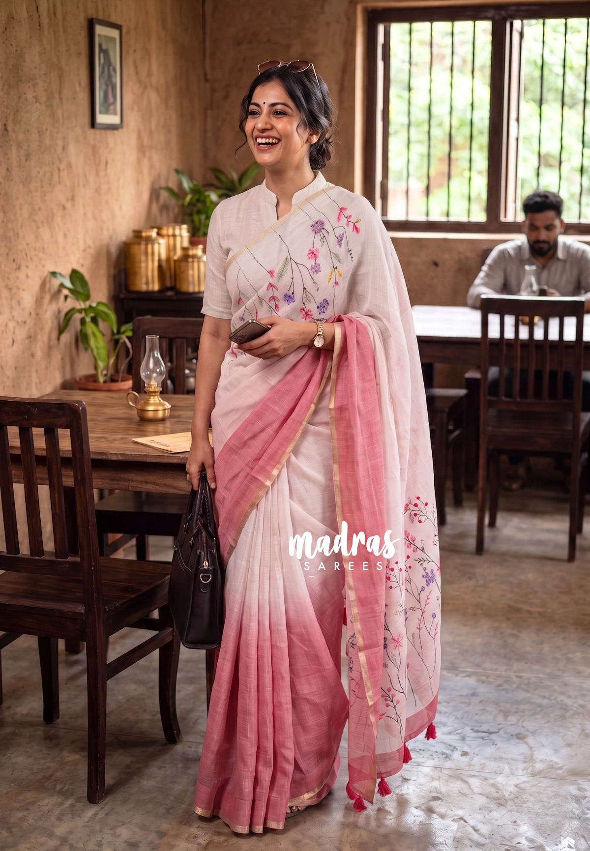 Blush Pink Ombre with Ivory Base - Linen Cotton Saree with Gradient Ombre tone and Floral Digital Prints - Perfect for Office Wear | Summer wear | Casual Wear