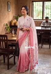 Blush Pink Ombre with Ivory Base - Linen Cotton Saree with Gradient Ombre tone and Floral Digital Prints - Perfect for Office Wear | Summer wear | Casual Wear
