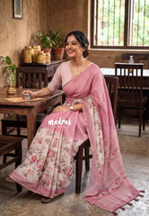 Onion Mauve Pink - Pragathi - Linen Cotton Partly Pallu Saree with Floral Prints and Contrast Blouse - Best for Office Wear | Casual Wear