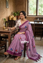White with Magenta Purple - Pragathi - Linen Cotton Saree Madras Checks with Rose Flower Prints - Best for Office Wear | Casual Wear