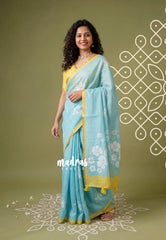 Pastel Aqua Blue - Linen Cotton Saree Floral Print with Tiny Border - Best for Office Wear | Casual Wear | Doctors | Professors | Teachers Friendly