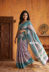 Muted Lavender - Linen Cotton Saree Checks with Contrast Blouse - Best for Office Wear | Casual Wear