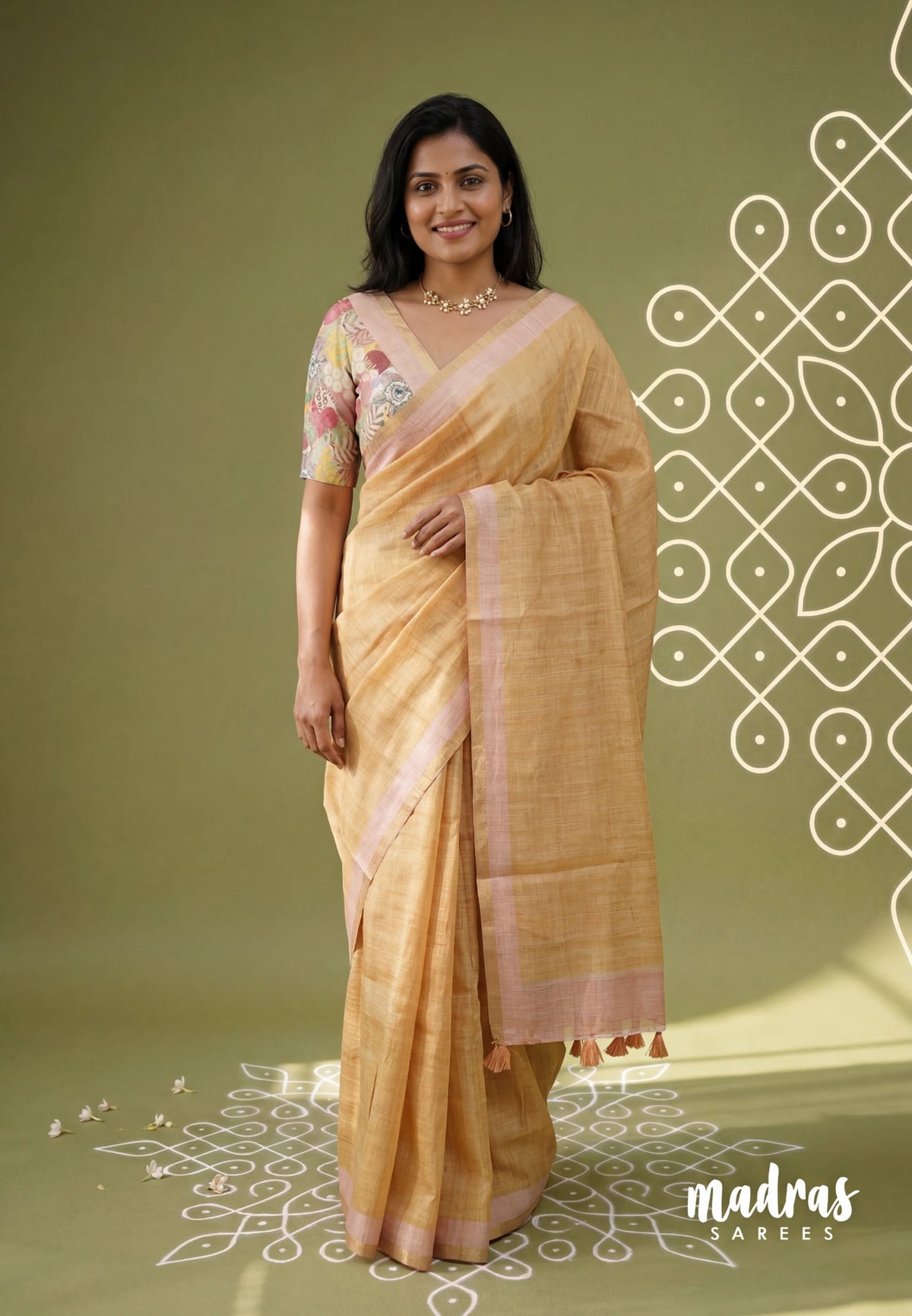 Muted Sandal - Pragath - Linen Cotton Saree Plain with Floram Blouse - Perfect for Office Wear | Summer wear | Casual Wear