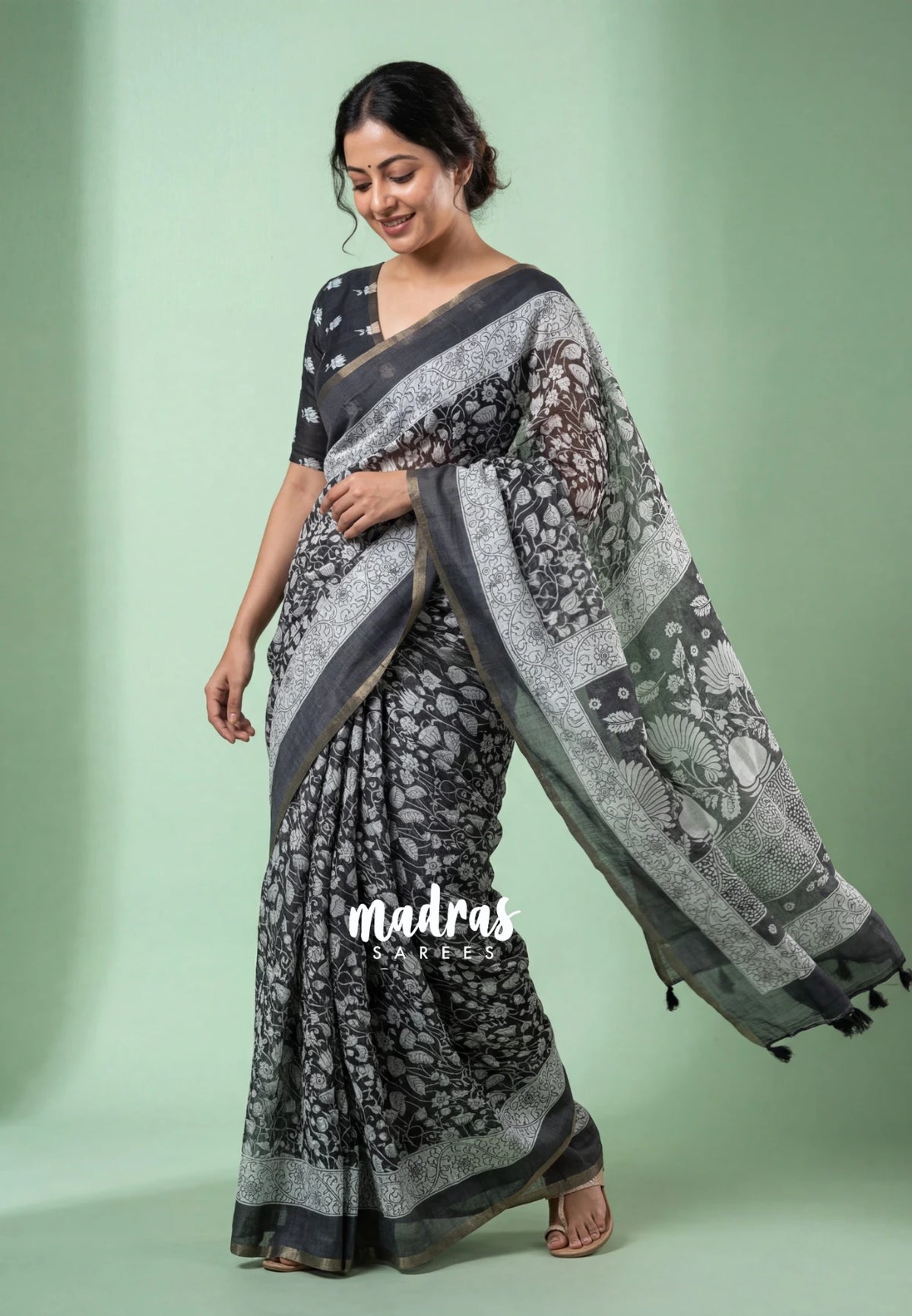 Ebony Black - Pragathi - Linen Cotton Saree Lotus Kalamkari Prints with Tiny Border - Perfect for Office Wear | Summer wear | Casual Wear