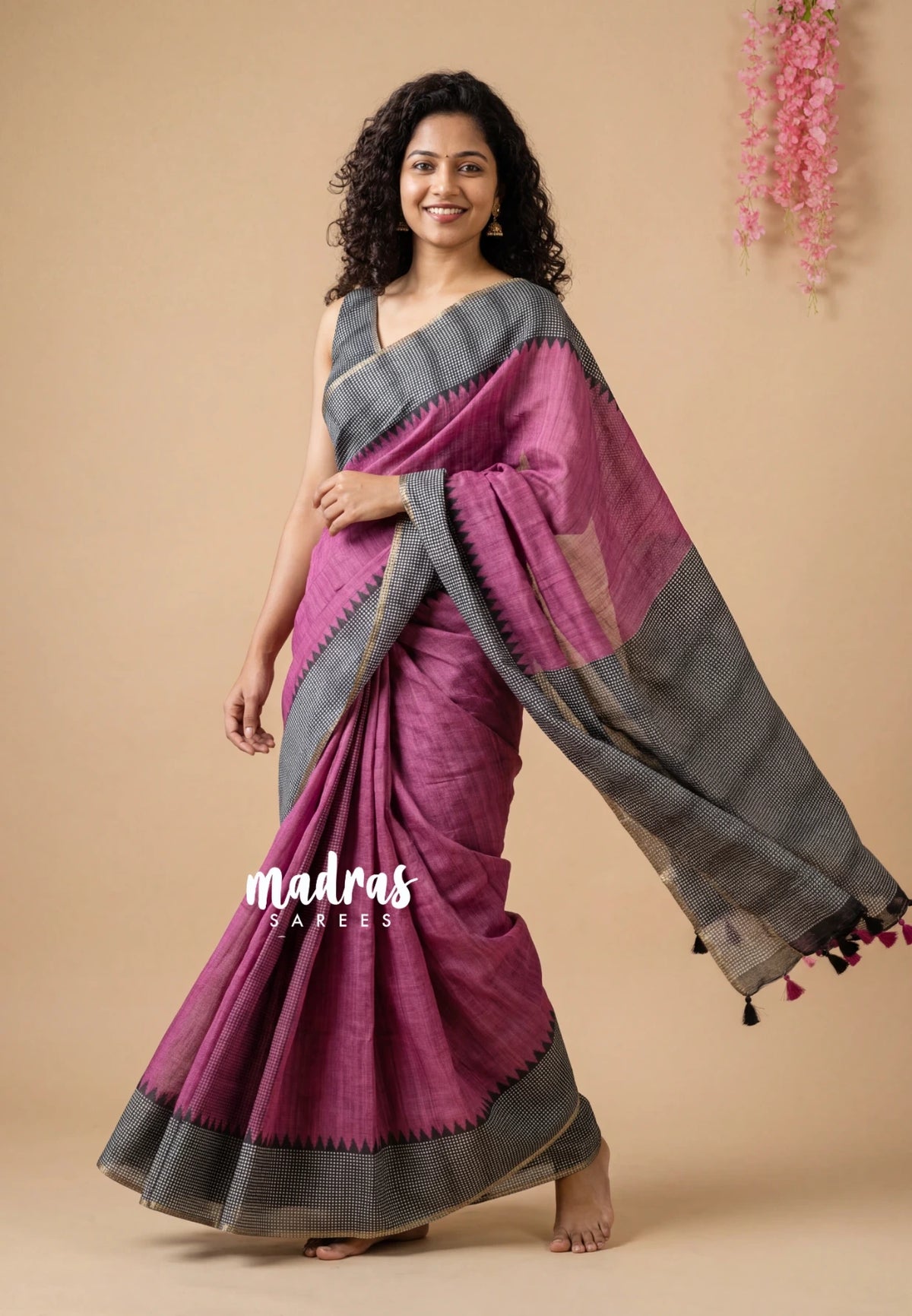 (PRE-BOOKING) Magenta Pink - Pragathi - Linen Cotton Saree Checks Border - Perfect for Office Wear | Summer wear | Casual Wear