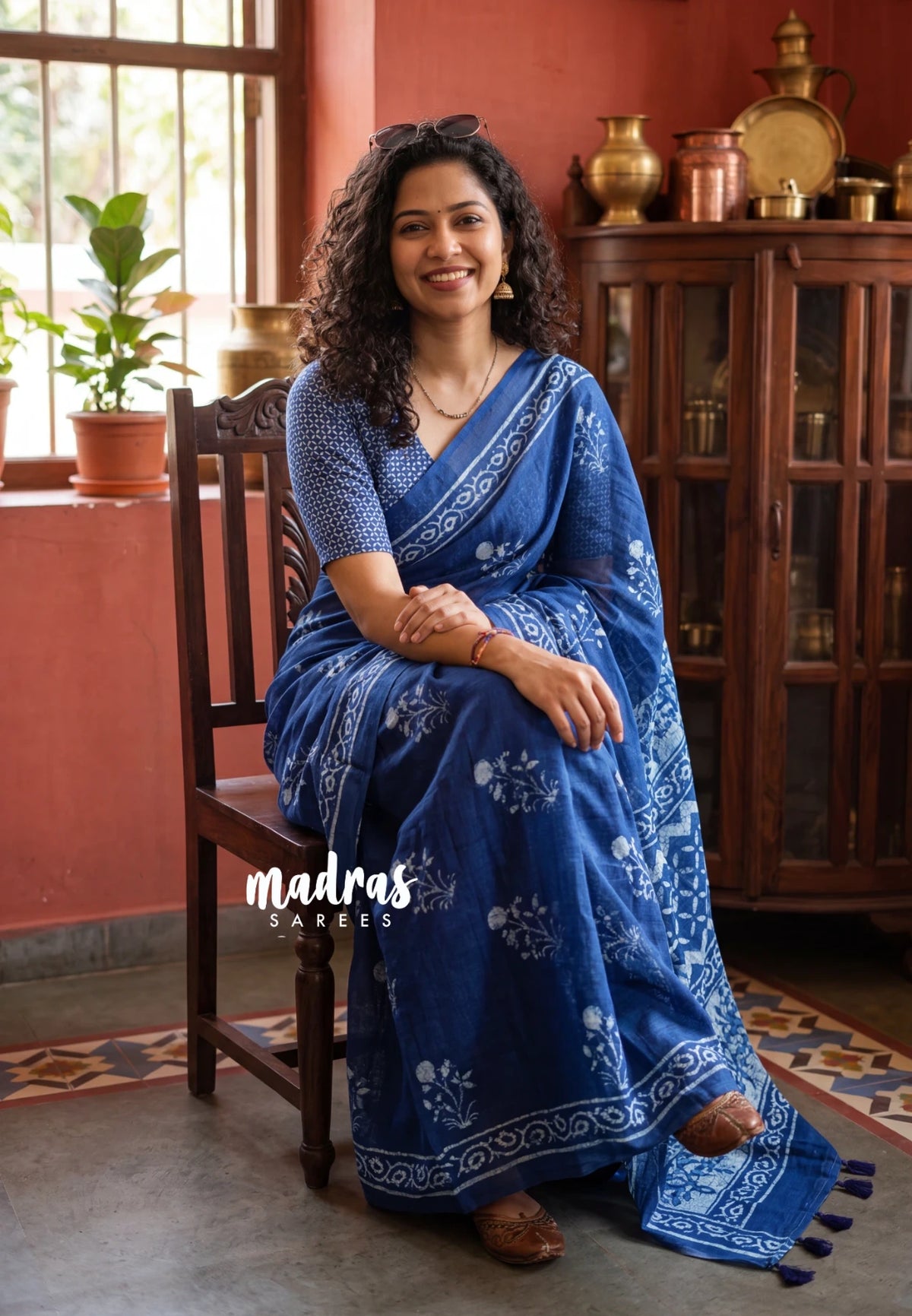 Indigo Blue - Pragathi - Linen Cotton Saree Floral Prints - Perfect for Office Wear | Summer wear | Casual Wear