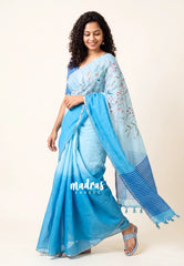 Sky Melody Blue Ombre - Pragathi Linen Cotton Saree with Gradient Ombre tone and Floral Digital Prints - Perfect for Office Wear | Summer wear | Casual Wear