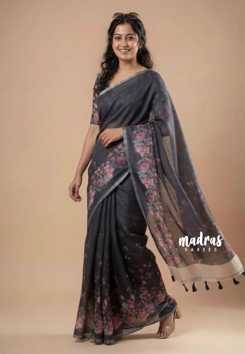 Elephant Black - Pragathi - Linen Cotton Saree with Floral Print and Tiny Border - Perfect for Office Wear | Summer wear | Casual Wear