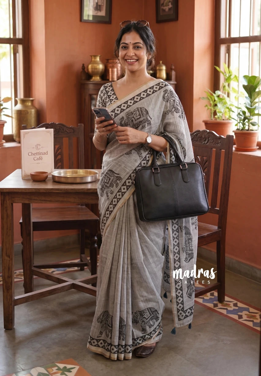 Muted Beige - Pragathi - Linen Cotton Saree with Elephant Print Border and Tiny Border - Perfect for Office Wear | Summer wear | Casual Wear