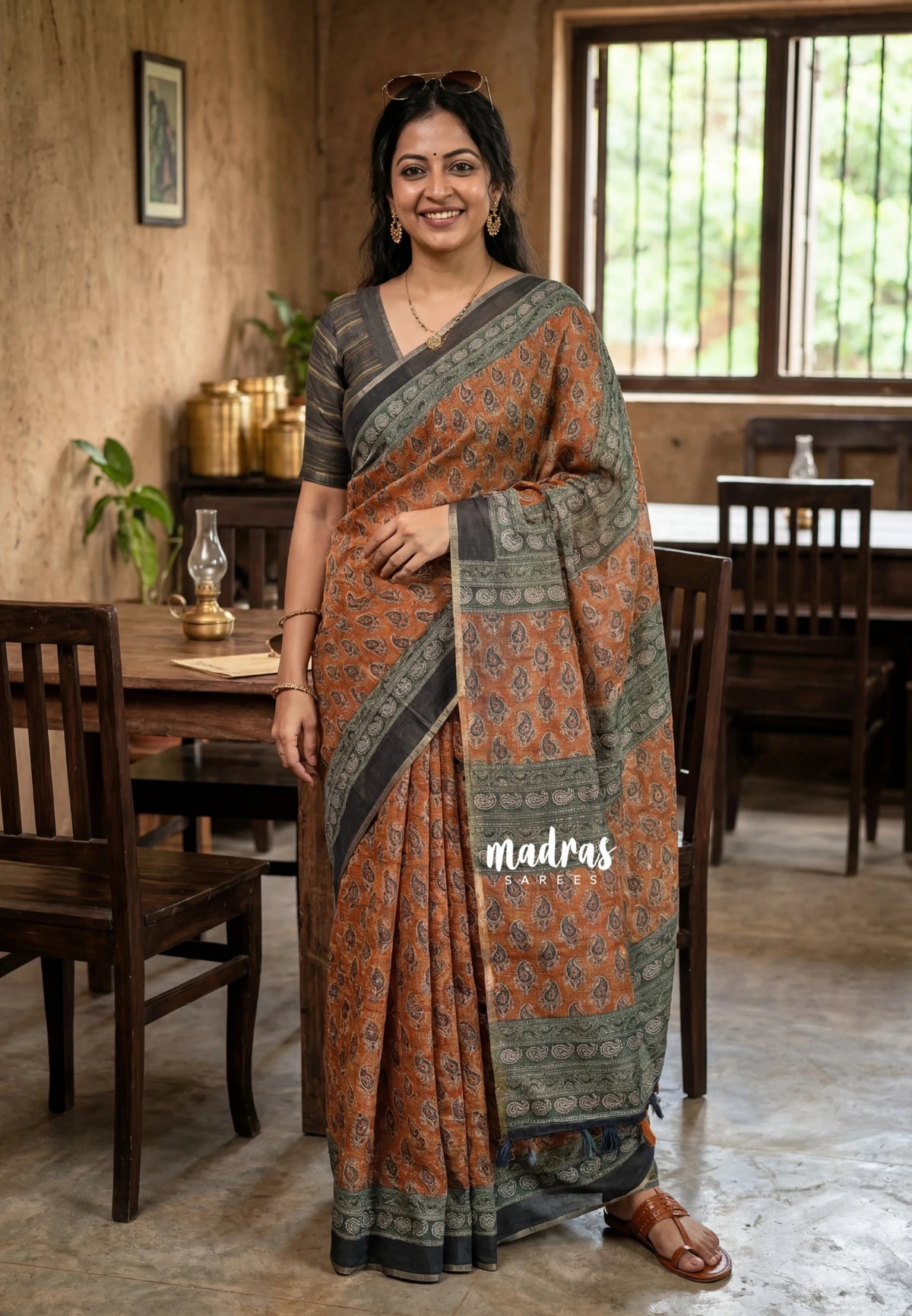 Mustard Orange - Linen Cotton Saree with Bagru Prints  - Best for Office Wear | Casual Wear
