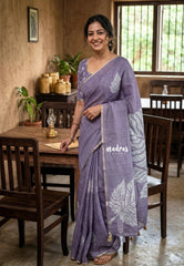 Muted Lavender - Linen Cotton Saree with Breezy Leaf Print with Tiny Border - Best for Office Wear | Summer wear | Corporate wear