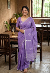 Lavender Purple - Linen Cotton Saree with Floral Pattern Prints - Best for Office Wear | Casual Wear