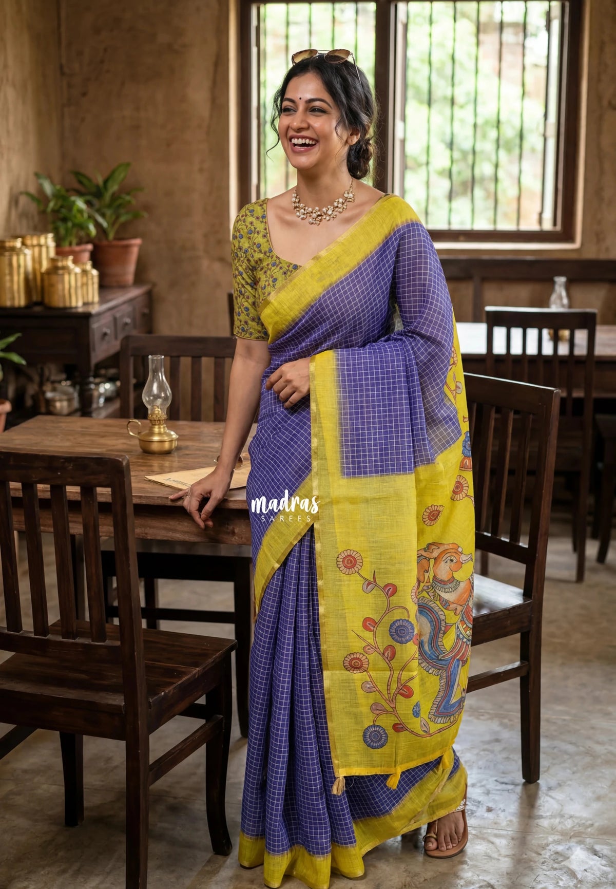 Violet Blue - Linen Cotton Saree Checks Body with Small Border - Best for Office Wear