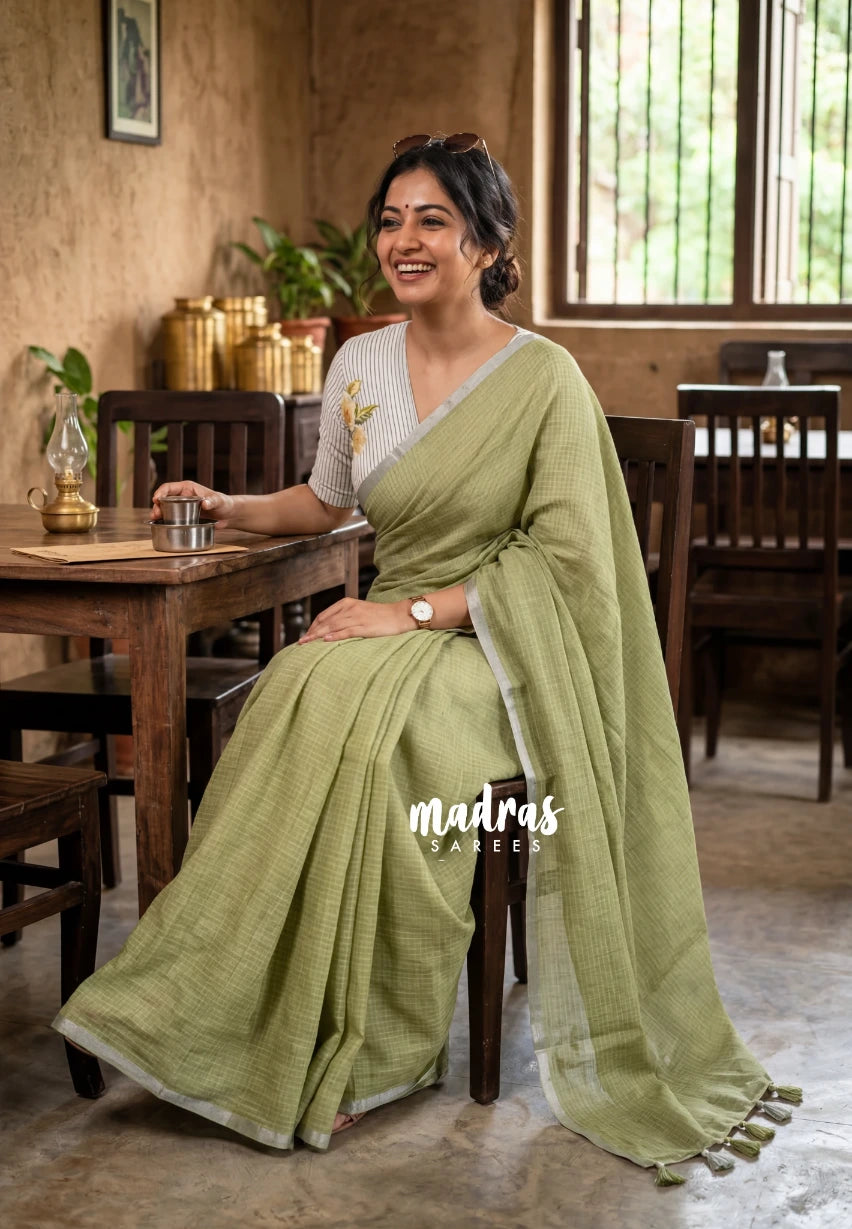 Olive Sage Mist - Pragath - Linen Cotton Saree Stripes with Tiny Border - Perfect for Office Wear | Summer wear | Casual Wear