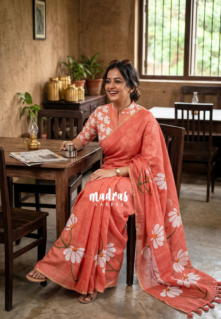 Peach Orange - Pragathi - Linen Cotton Saree with Buttas Leaf Border - Perfect for Office Wear | Summer wear | Casual Wear