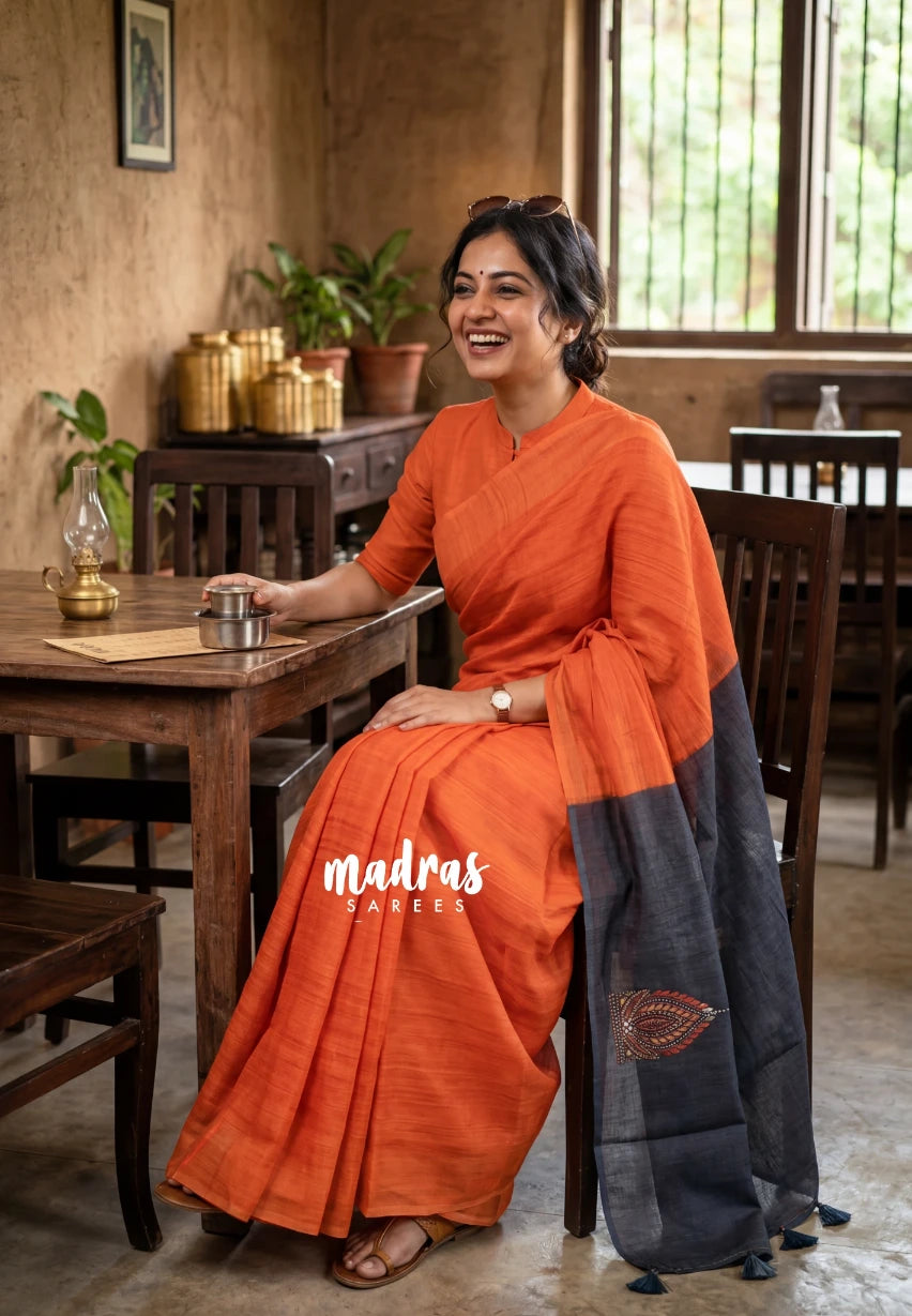Sunset Orange - Pragathi - Linen Cotton Saree Contrast Pallu - Perfect for Office Wear | Summer wear | Casual Wear