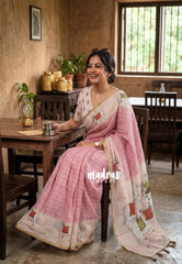Blush Pink - Pragathi - Linen Cotton Saree with Cow Print Border, Pallu and Blouse - Perfect for Office Wear | Summer wear | Casual Wear