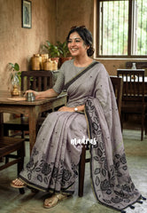 Taupe Grey - Pragathi - Linen Cotton Saree with Buttas Leaf Border - Perfect for Office Wear | Summer wear | Casual Wear
