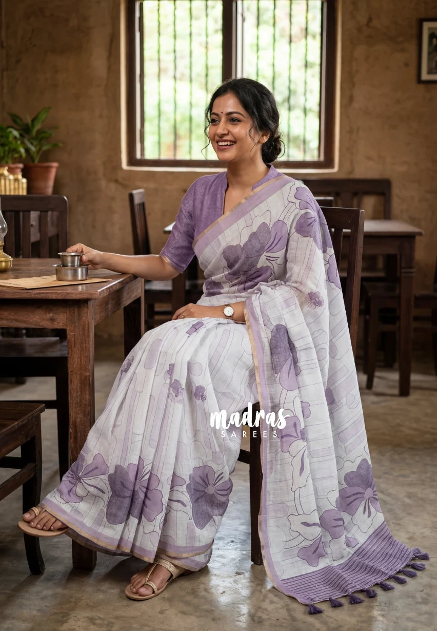 Ivory White - Pragathi - Linen Cotton Saree Floral Print and Tiny Border - Perfect for Office Wear | Summer wear | Casual Wear