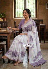 Ivory White - Pragathi - Linen Cotton Saree Floral Print and Tiny Border - Perfect for Office Wear | Summer wear | Casual Wear