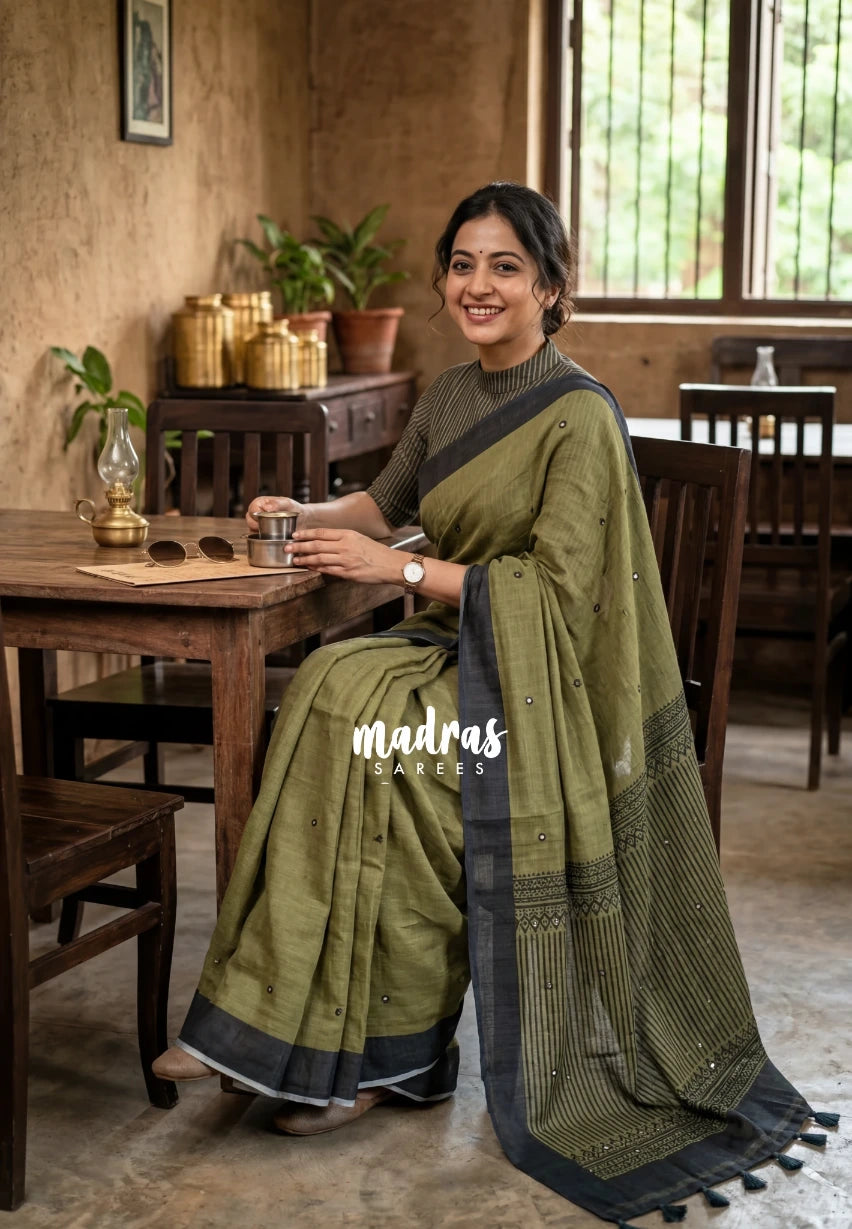 Olive Green with Mirror Work - Pragathi - Linen Cotton Saree Mirror Work with Stripes in Pallu and Blouse - Best for Office Wear | Casual Wear