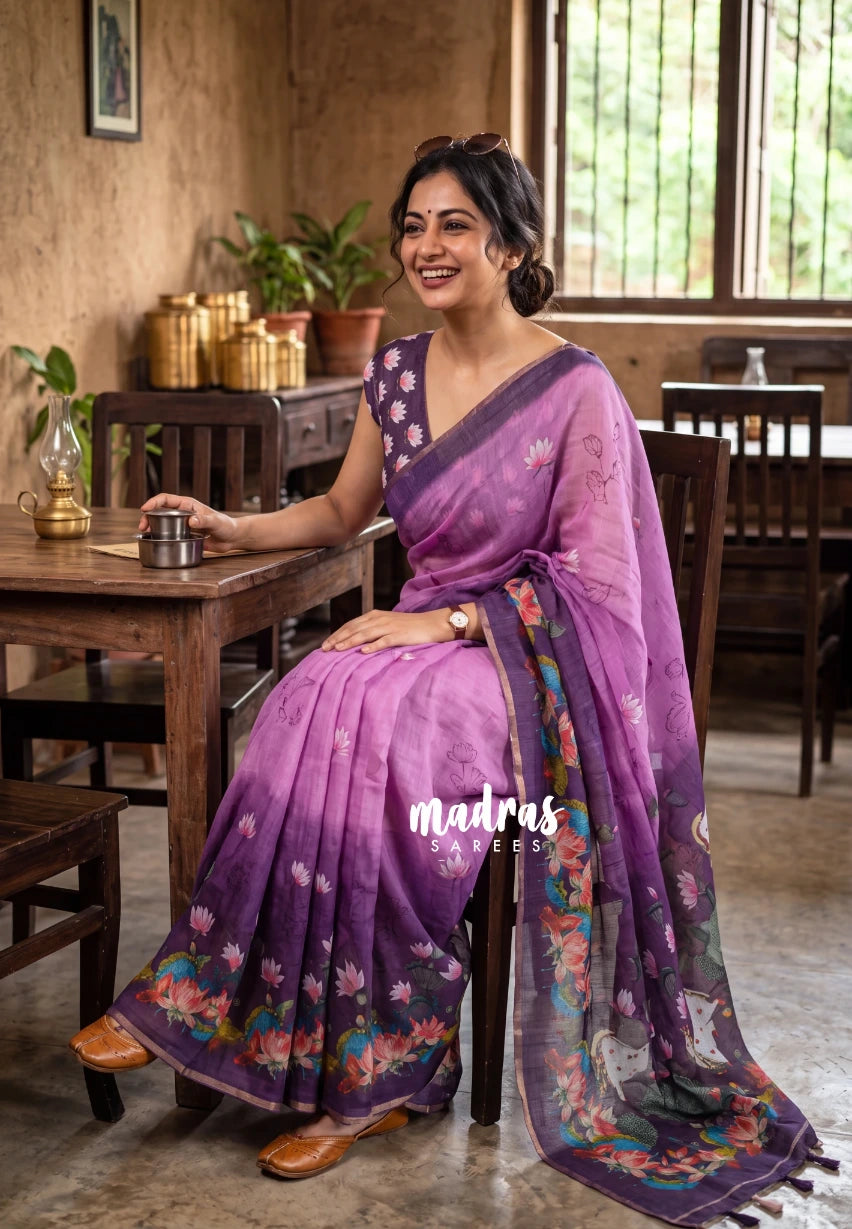 Lavender Plum - Pragathi - Linen Cotton Saree with Pichwai Border - Perfect for Office Wear | Summer wear | Casual Wear