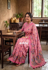 Pinkish Peach - Pragathi - Linen Cotton Saree Floral Print and Tiny Border - Perfect for Office Wear | Summer wear | Casual Wear