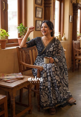 Nightfall Black - Pragathi - Linen Cotton Saree Floral and Peacock Kalamkari Prints with Tiny Border - Perfect for Office Wear | Summer wear | Casual Wear