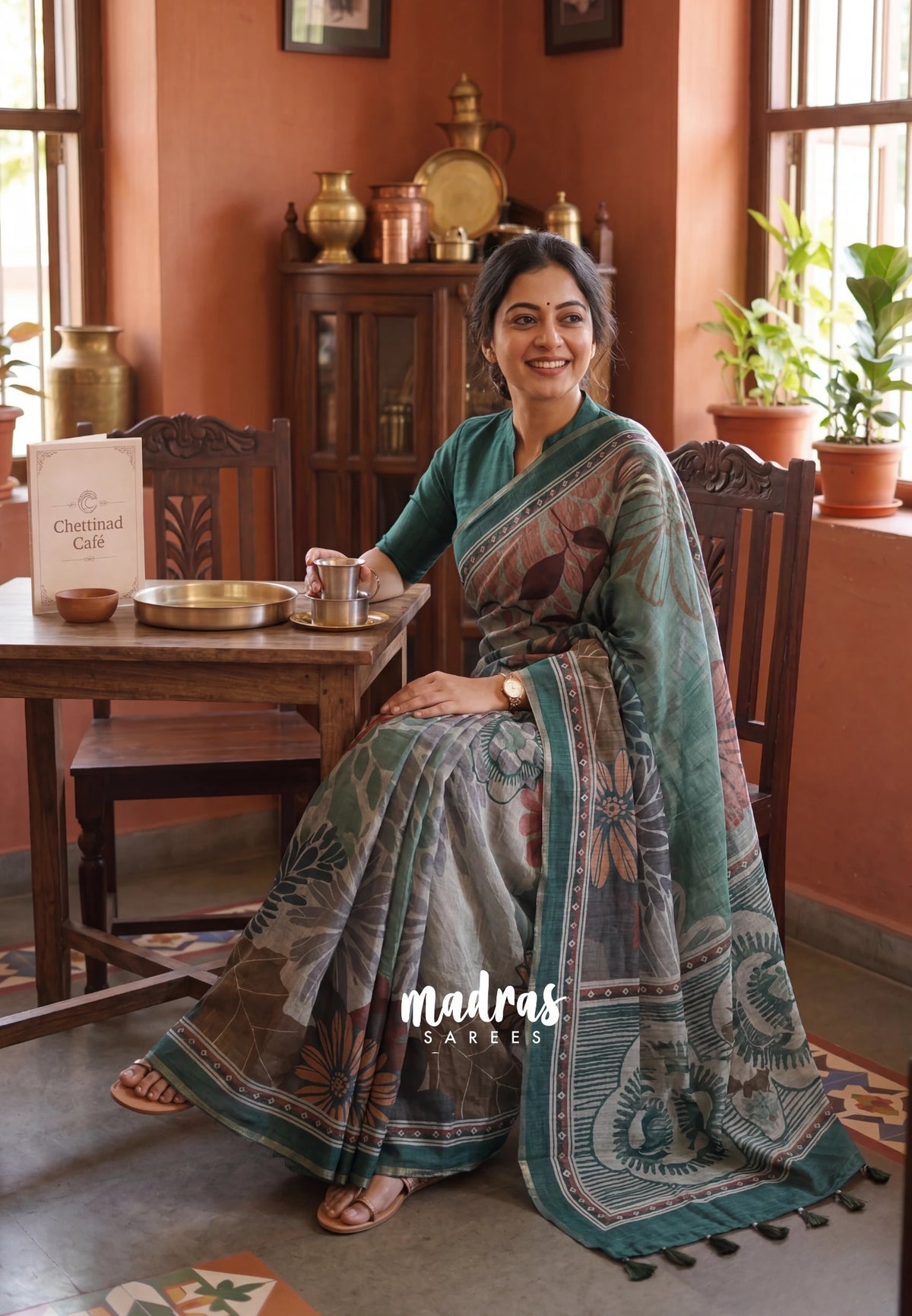 Multicolor with Peacock Jade - Pragathi - Linen Cotton Saree Big Flower Prints with Tiny Border - Perfect for Office Wear | Summer wear | Casual Wear