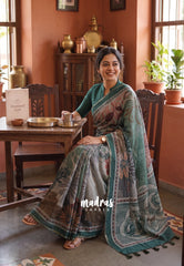 Multicolor with Peacock Jade - Pragathi - Linen Cotton Saree Big Flower Prints with Tiny Border - Perfect for Office Wear | Summer wear | Casual Wear