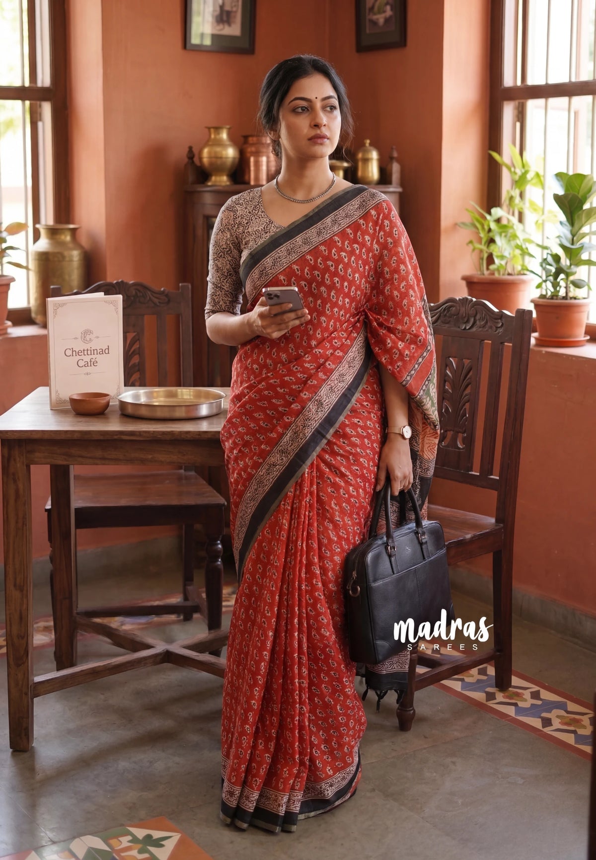 Orangish Red - Pragathi - Linen Cotton Saree Mango Bagru Prints with Tiny Border - Perfect for Office Wear | Summer wear | Casual Wear
