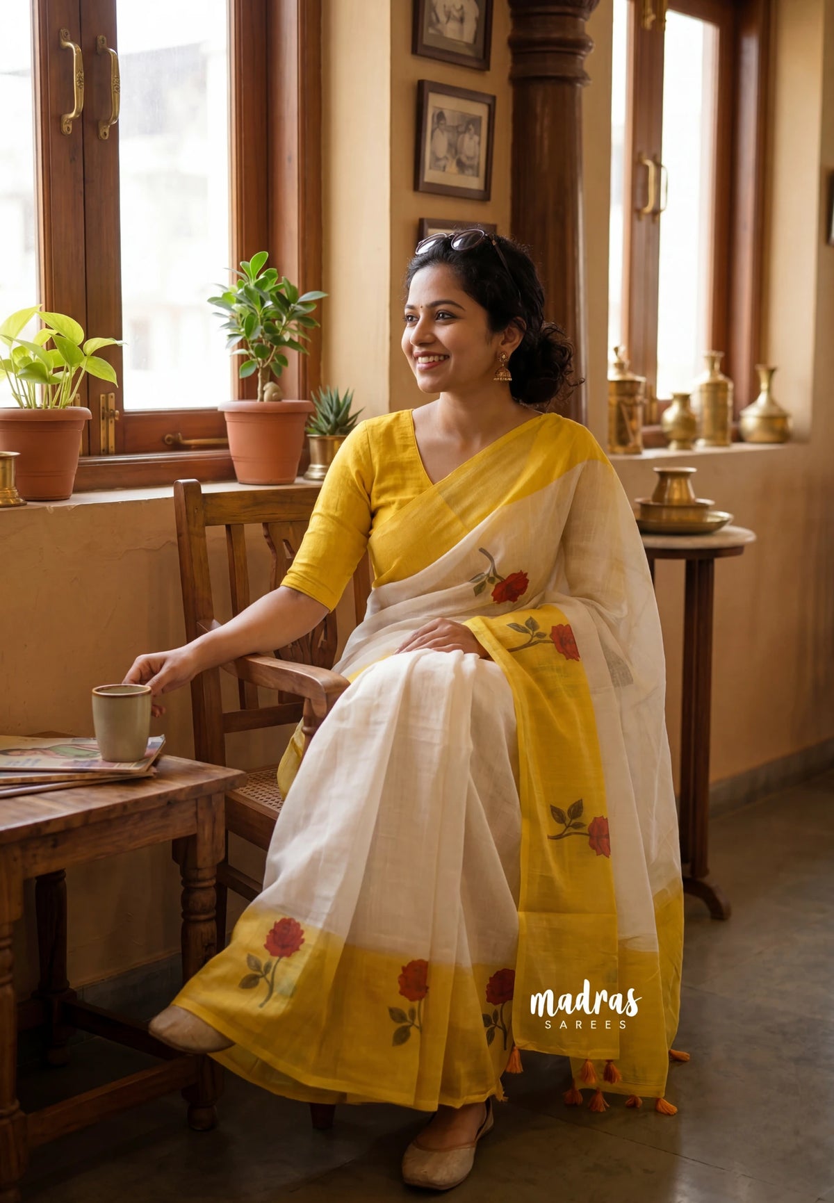 (PRE-BOOKING) Creamy Ivory - Pragathi - Linen Cotton Saree Plain with Flower Printed Border - Perfect for Office Wear | Summer wear | Casual Wear