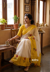 (PRE-BOOKING) Creamy Ivory - Pragathi - Linen Cotton Saree Plain with Flower Printed Border - Perfect for Office Wear | Summer wear | Casual Wear