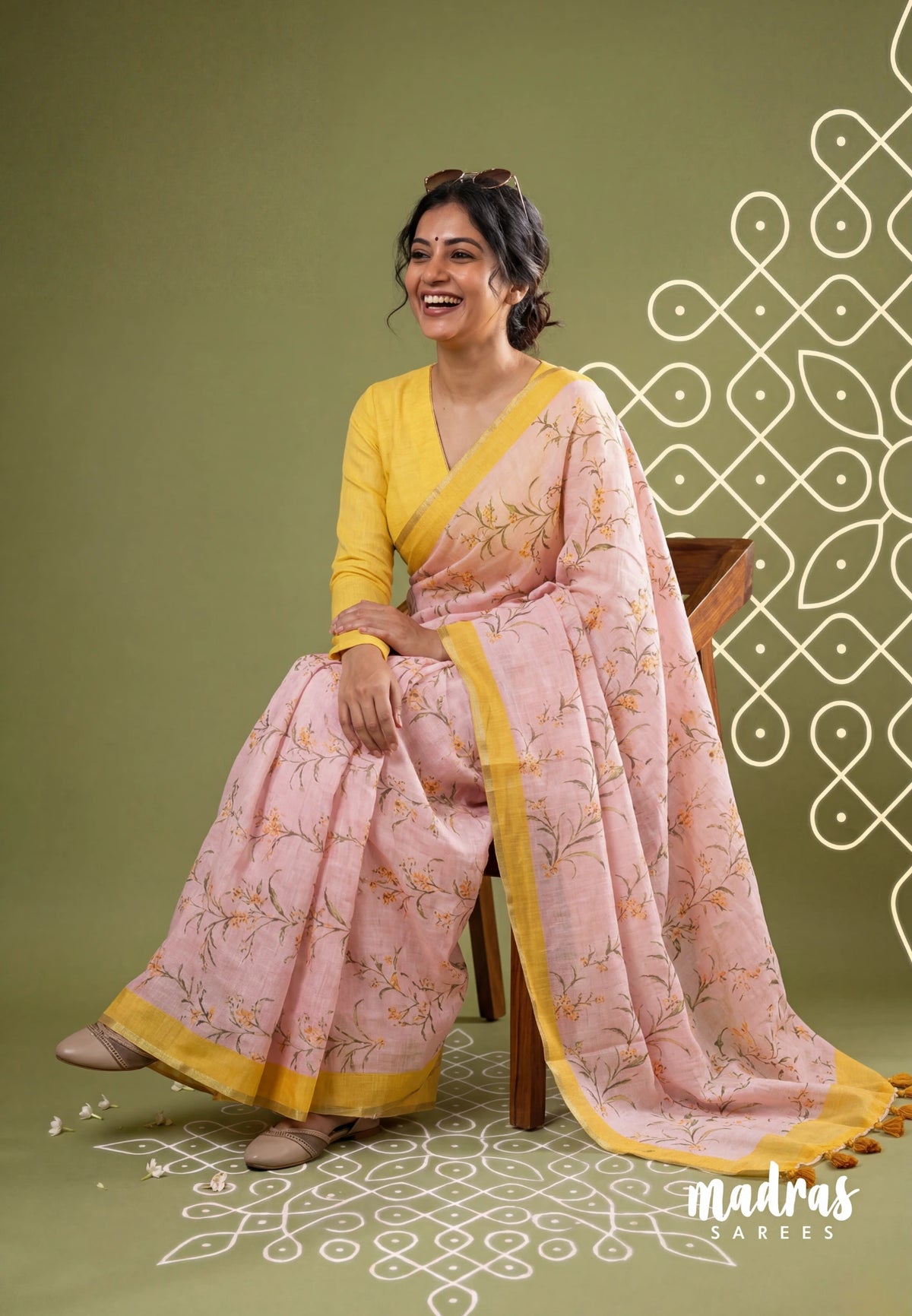 Blushing Peach - Pragathi - Linen Cotton Saree Flower Prints with Contrast Blouse and Tiny Border - Perfect for Office Wear | Summer wear | Casual Wear