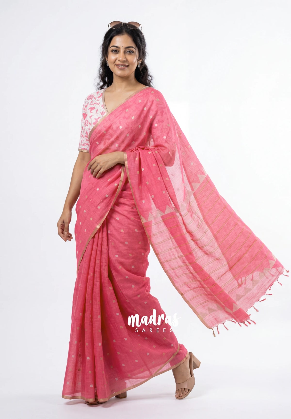 Rose Milk Pink - Pragathi - Linen Cotton Saree Square Box Buttas Print wiht Contrast Blouse - Perfect for Office Wear | Summer wear | Casual Wear