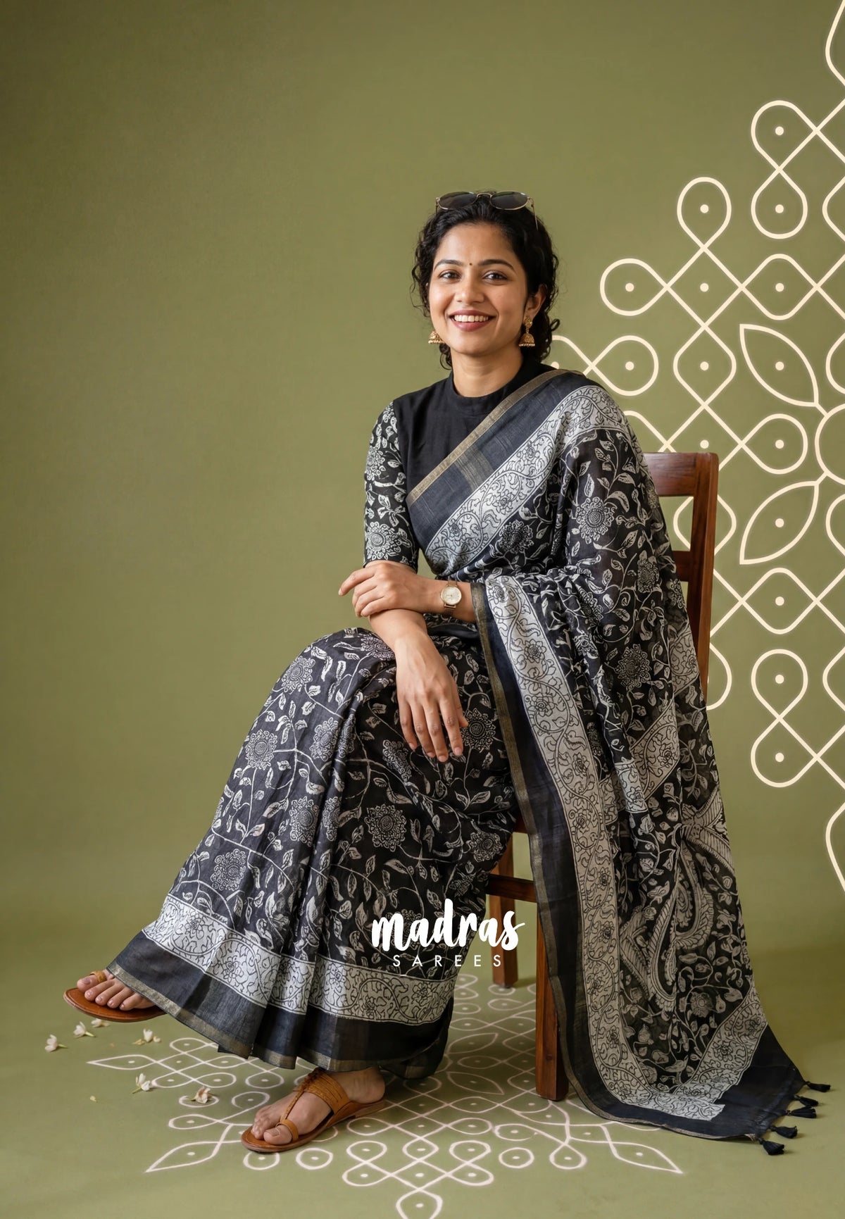 Jet Black - Pragathi - Linen Cotton Saree Flower Kalamkari Prints with Tiny Border - Perfect for Office Wear | Summer wear | Casual Wear