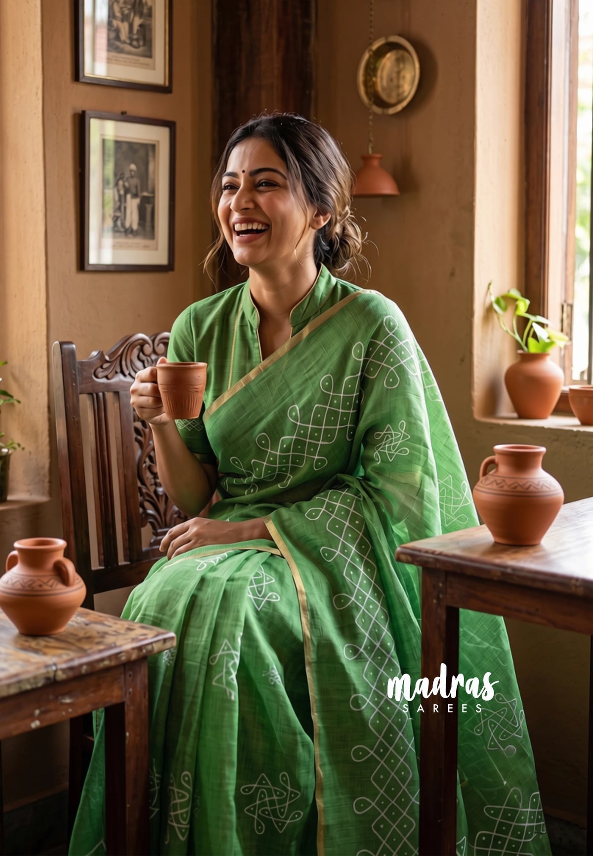 (PRE-BOOKING) Kelly Green - Soft linen cotton with traditional Kolam Prints - Perfect for Office Wear | Temple wear | Best for singers Dancers
