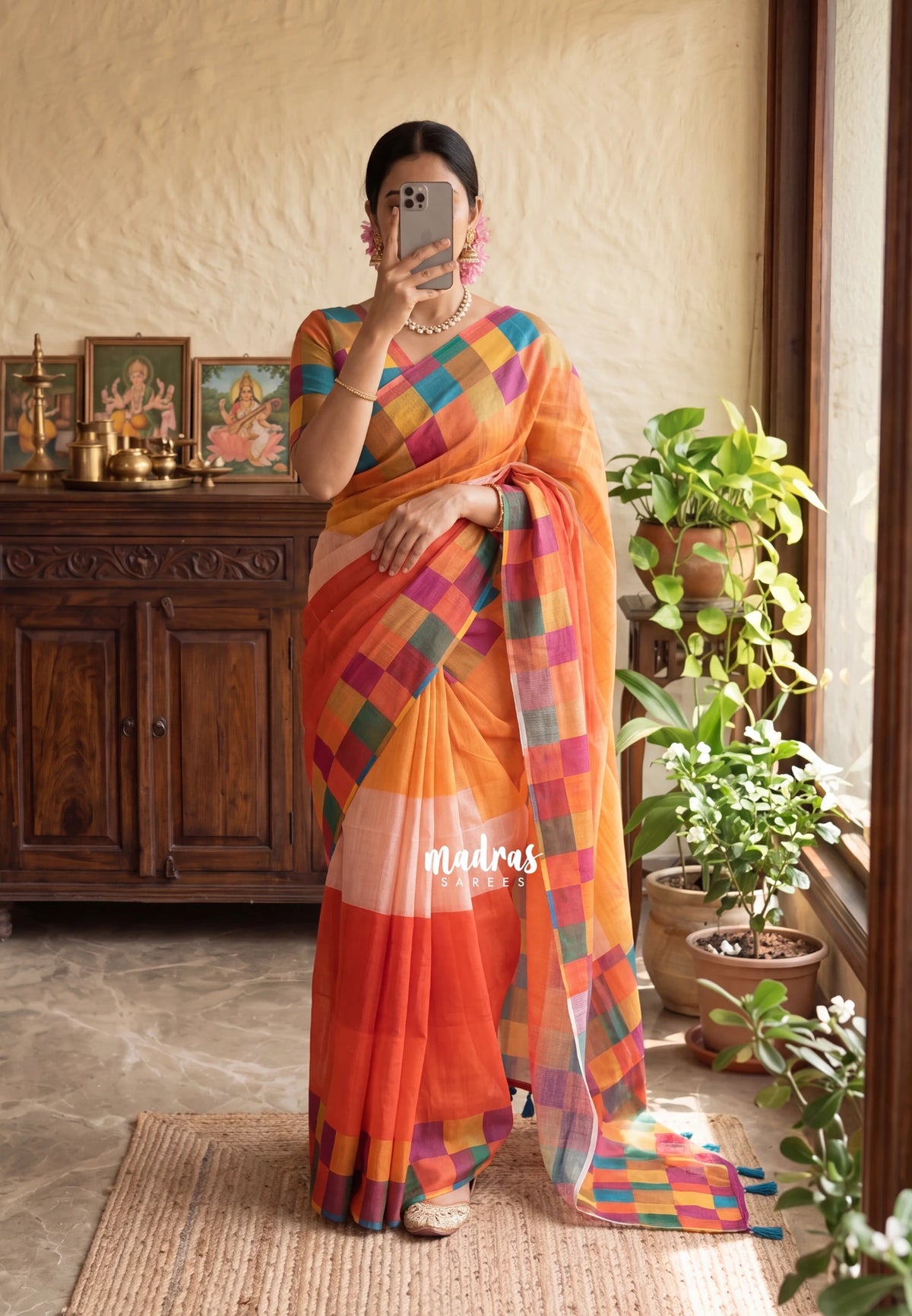 Amber Orange - Pragathi - Linen Cotton Saree with Checks Border and Blouse - Perfect for Office Wear | Summer wear | Casual Wear