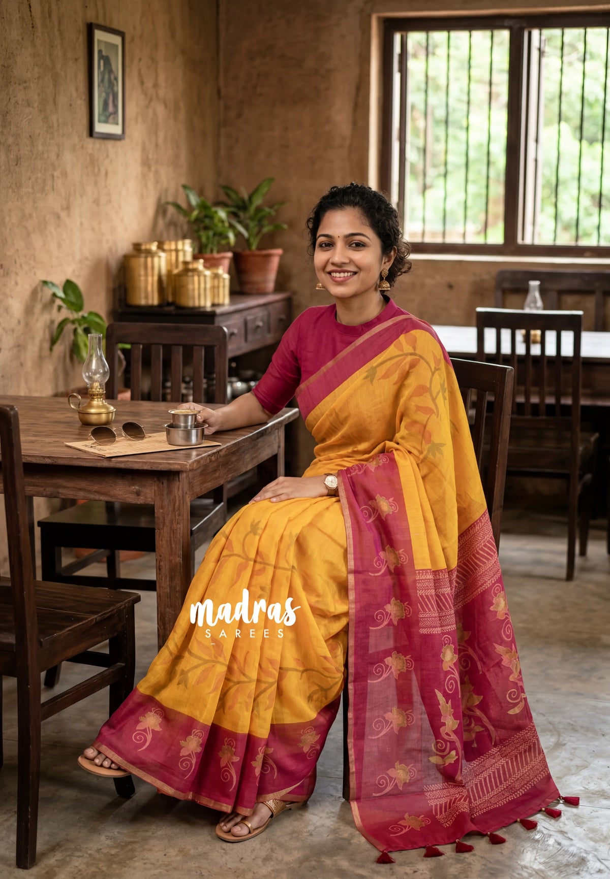 Mango Yellow - Pragathi - Linen Cotton Saree Leaf, Flower Print wiht Contrast Pallu and Blouse - Perfect for Office Wear | Summer wear | Casual Wear