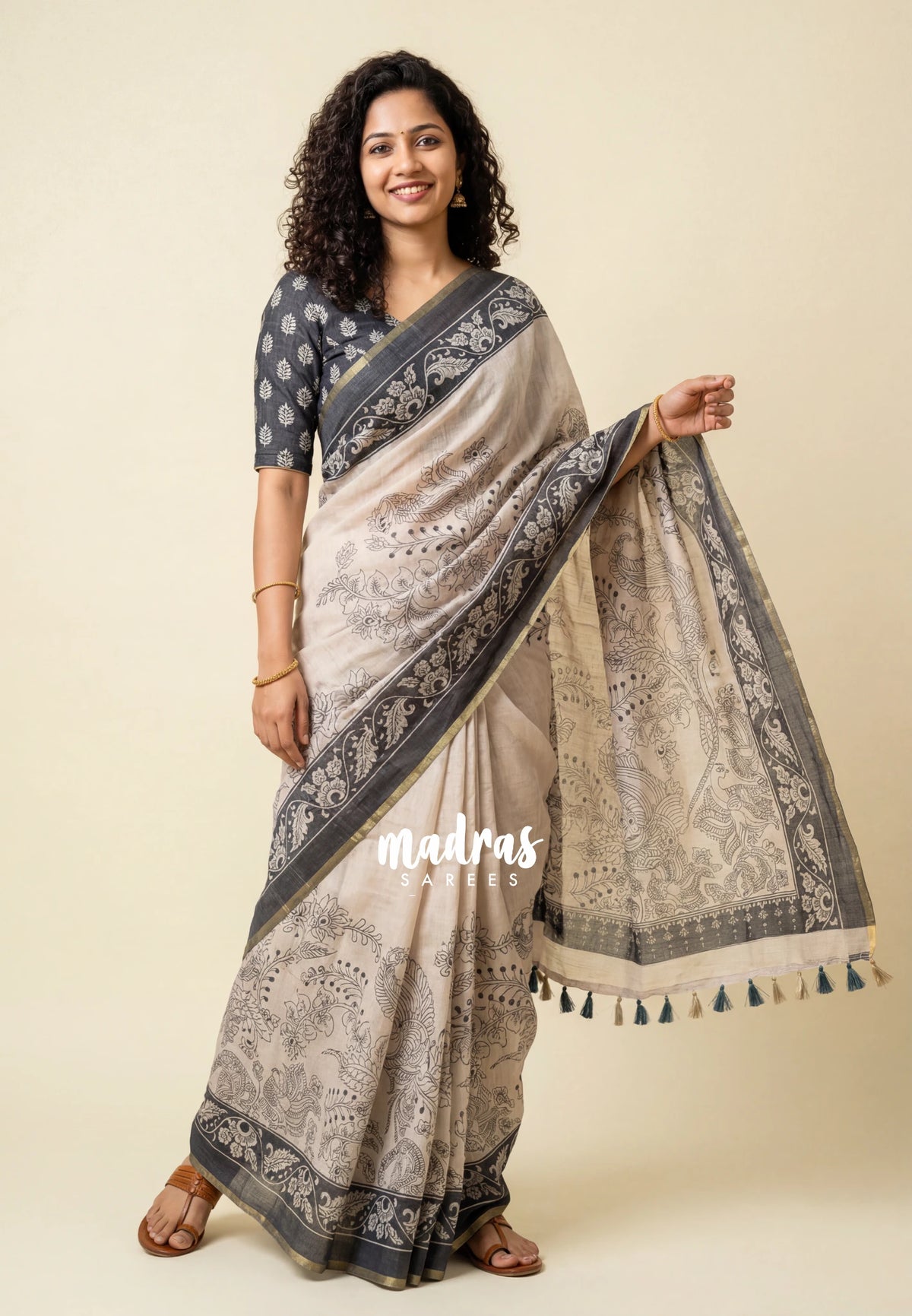 Muted Beige - Pragathi - Linen Cotton Saree with Kalamkari Peacock, Floral Print and Tiny Border - Perfect for Office Wear | Summer wear | Casual Wear