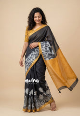 Nightfall Black - Pragathi - Linen Cotton Saree Floral Print wiht Contrast Pallu and Blouse - Perfect for Office Wear | Summer wear | Casual Wear