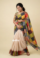 Sandal Beige with Multicolor Checks - Pragathi - Linen Cotton Saree Half and Half Pattern with Box Prints - Perfect for Office Wear | Summer wear | Casual Wear